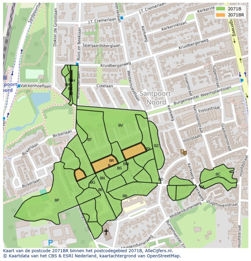 Afbeelding van het postcodegebied 2071 BR op de kaart.