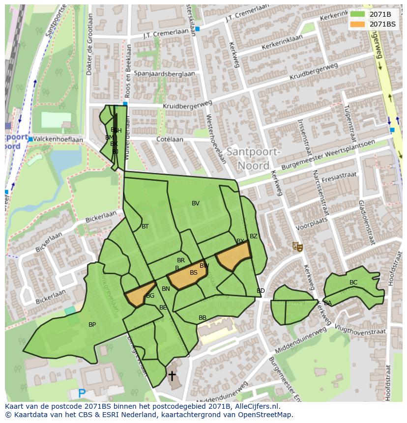 Afbeelding van het postcodegebied 2071 BS op de kaart.