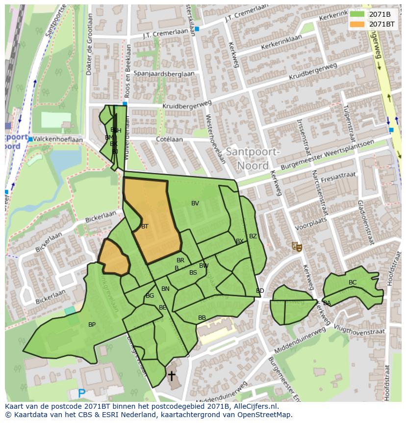 Afbeelding van het postcodegebied 2071 BT op de kaart.