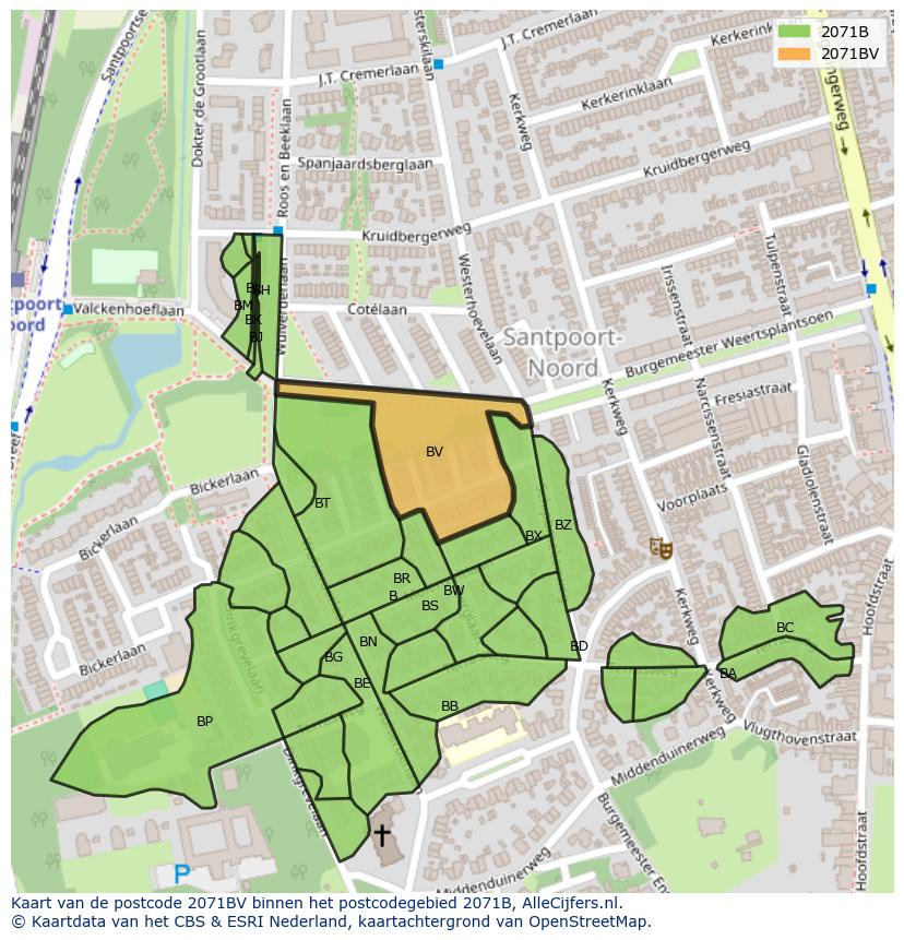 Afbeelding van het postcodegebied 2071 BV op de kaart.