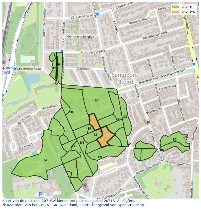 Afbeelding van het postcodegebied 2071 BW op de kaart.