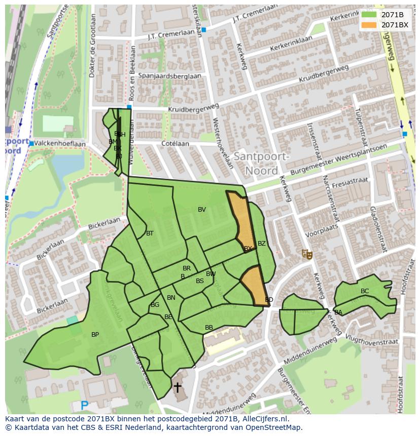 Afbeelding van het postcodegebied 2071 BX op de kaart.