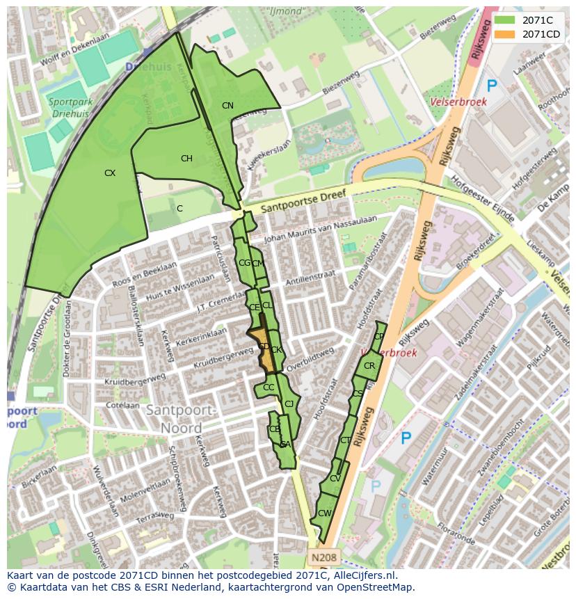 Afbeelding van het postcodegebied 2071 CD op de kaart.