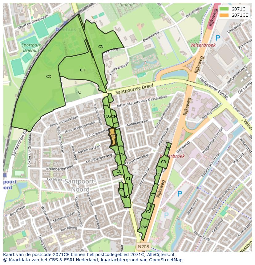 Afbeelding van het postcodegebied 2071 CE op de kaart.