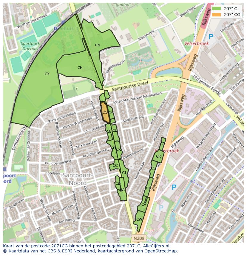 Afbeelding van het postcodegebied 2071 CG op de kaart.