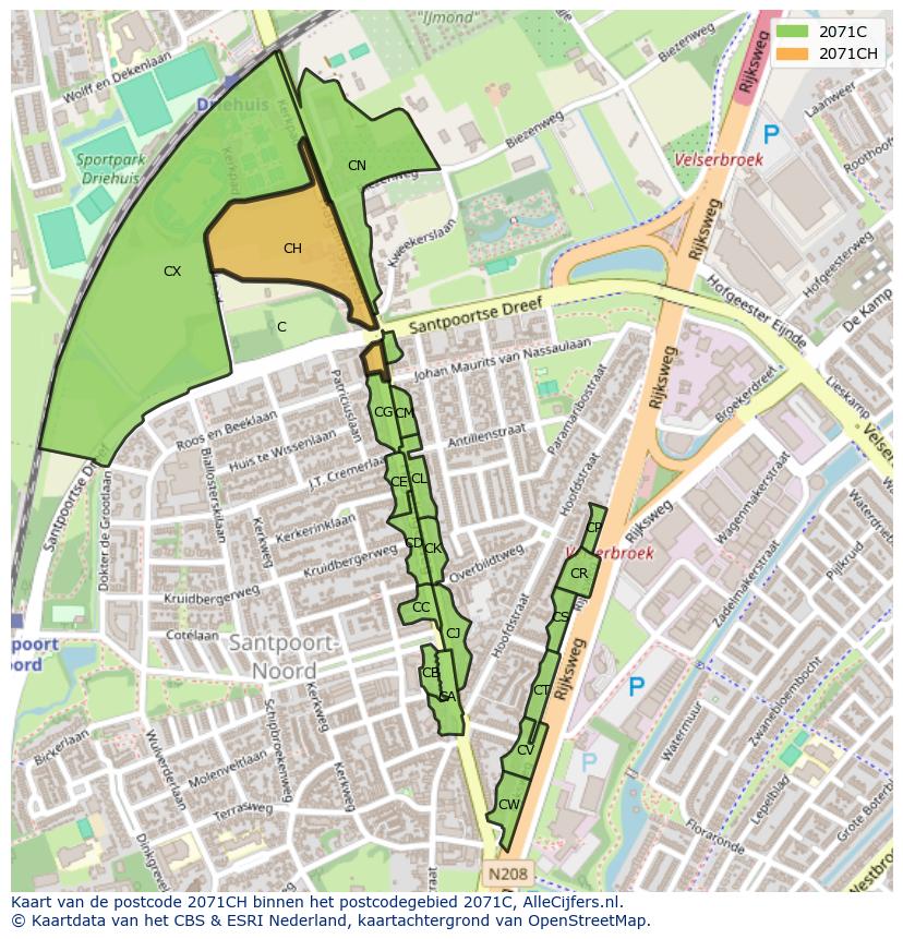 Afbeelding van het postcodegebied 2071 CH op de kaart.