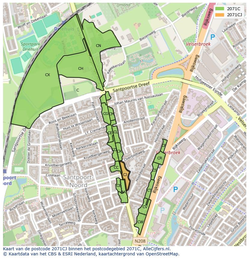 Afbeelding van het postcodegebied 2071 CJ op de kaart.