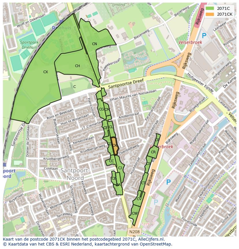 Afbeelding van het postcodegebied 2071 CK op de kaart.