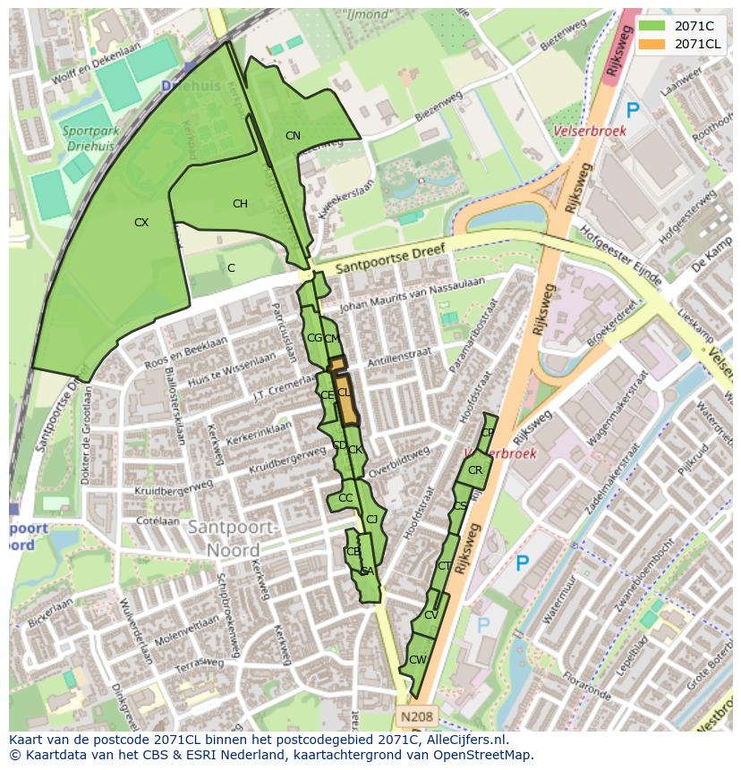 Afbeelding van het postcodegebied 2071 CL op de kaart.