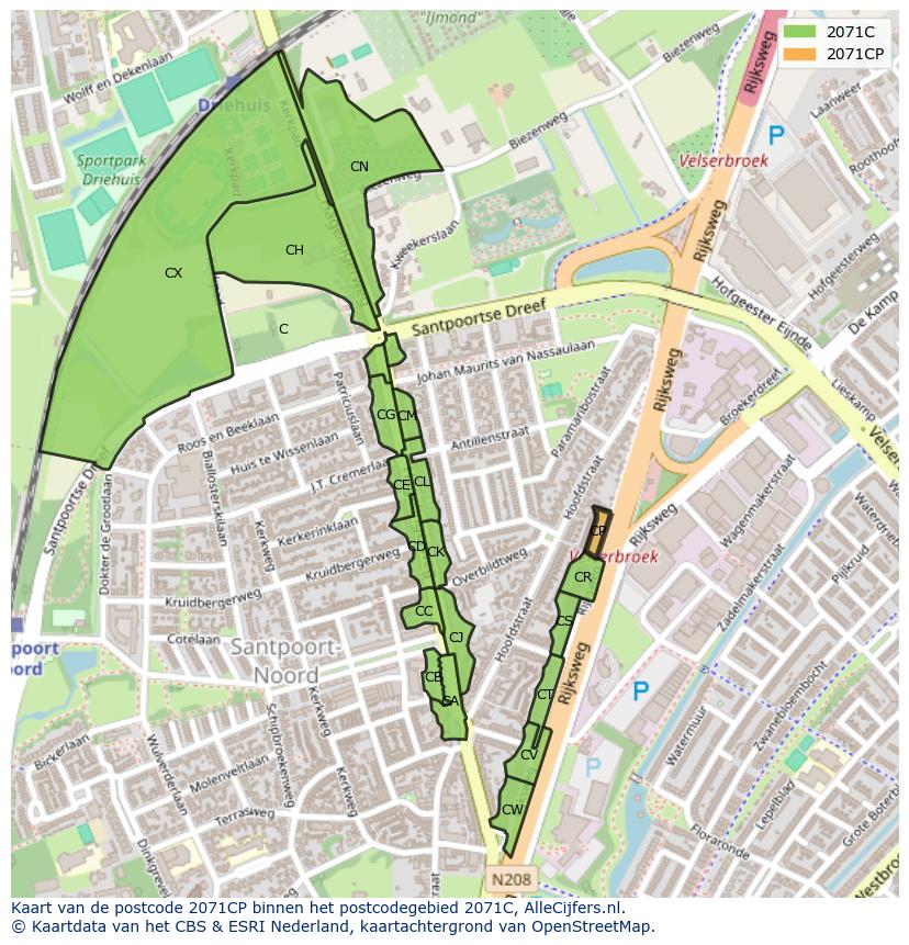 Afbeelding van het postcodegebied 2071 CP op de kaart.