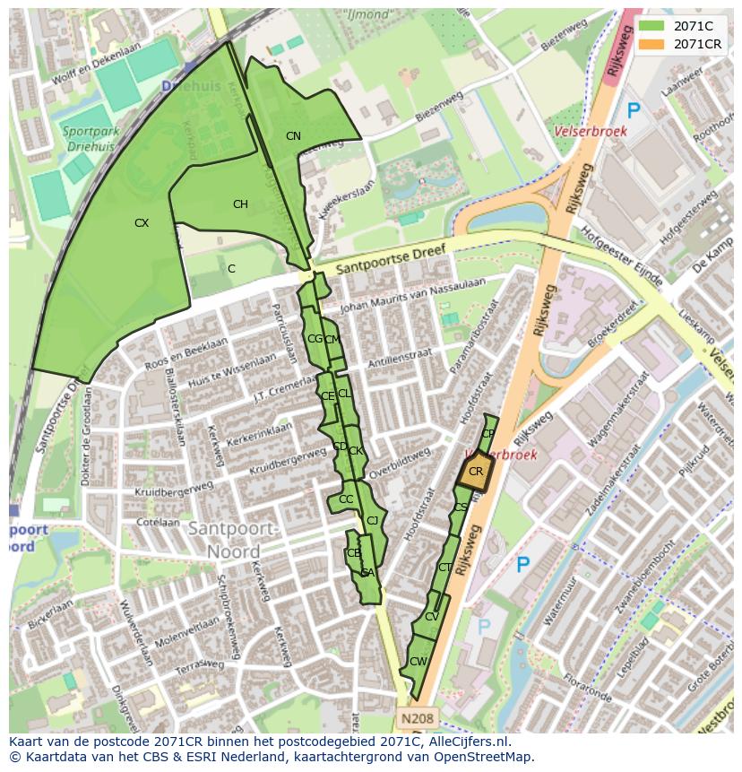 Afbeelding van het postcodegebied 2071 CR op de kaart.