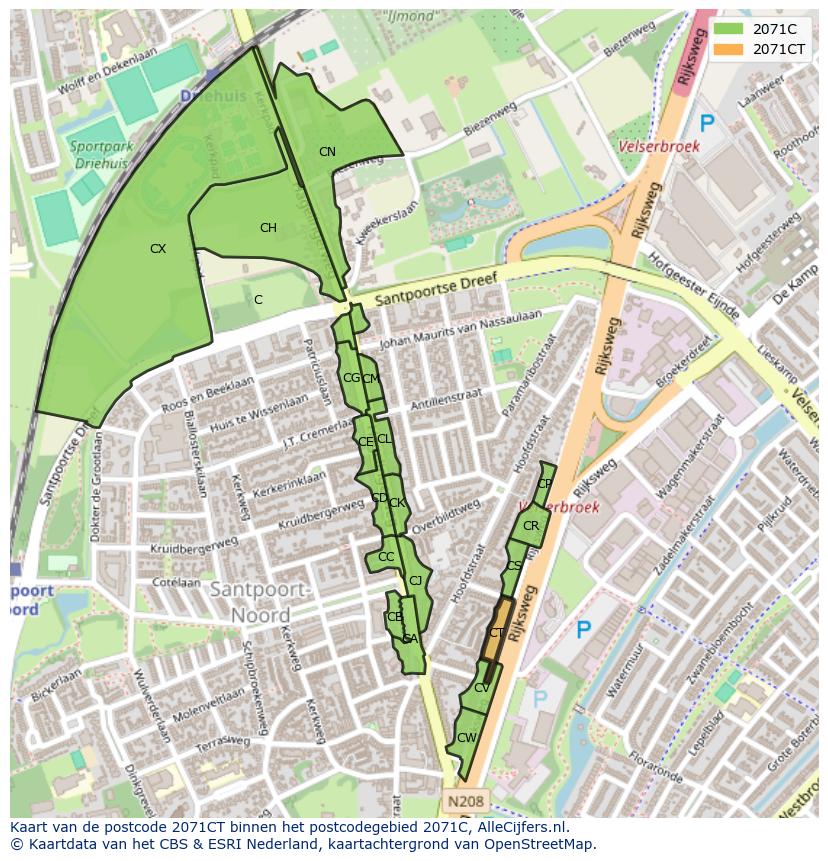 Afbeelding van het postcodegebied 2071 CT op de kaart.