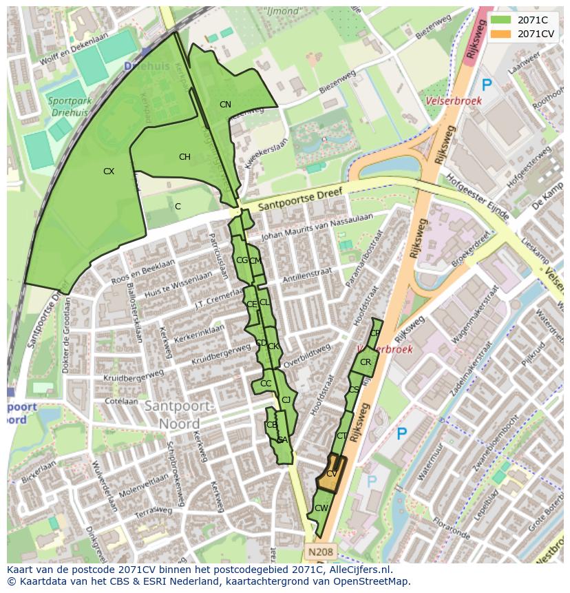 Afbeelding van het postcodegebied 2071 CV op de kaart.