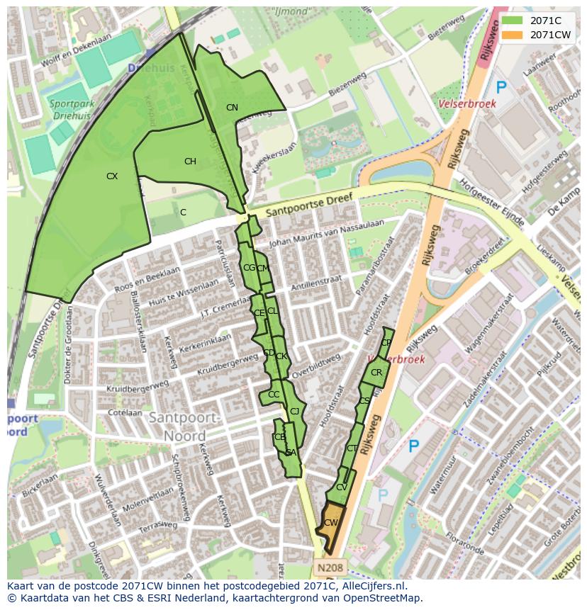 Afbeelding van het postcodegebied 2071 CW op de kaart.