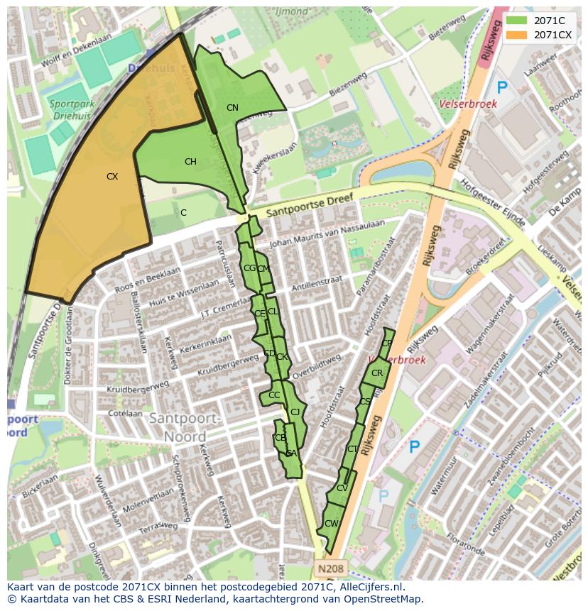 Afbeelding van het postcodegebied 2071 CX op de kaart.