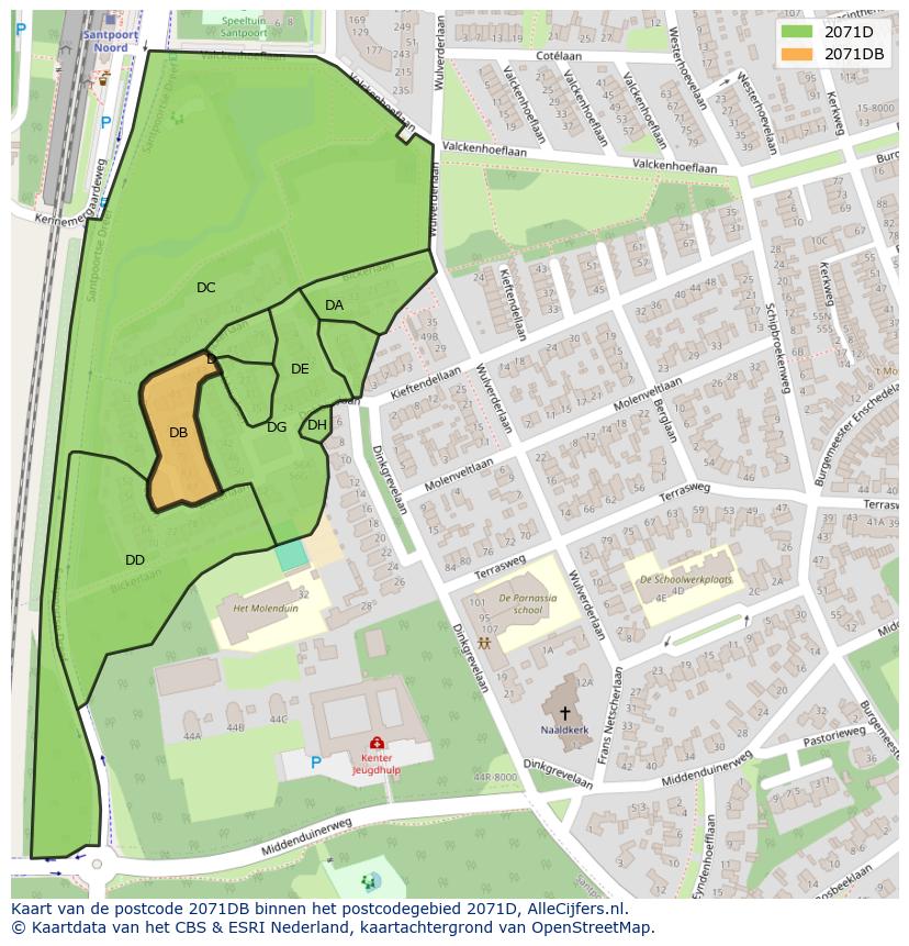 Afbeelding van het postcodegebied 2071 DB op de kaart.