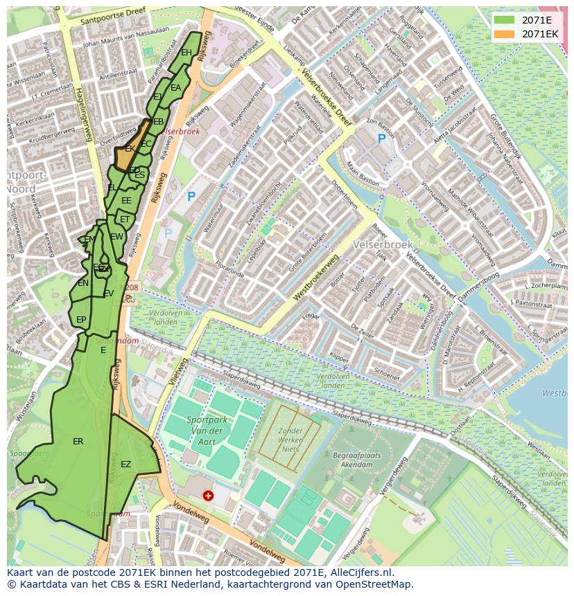 Afbeelding van het postcodegebied 2071 EK op de kaart.