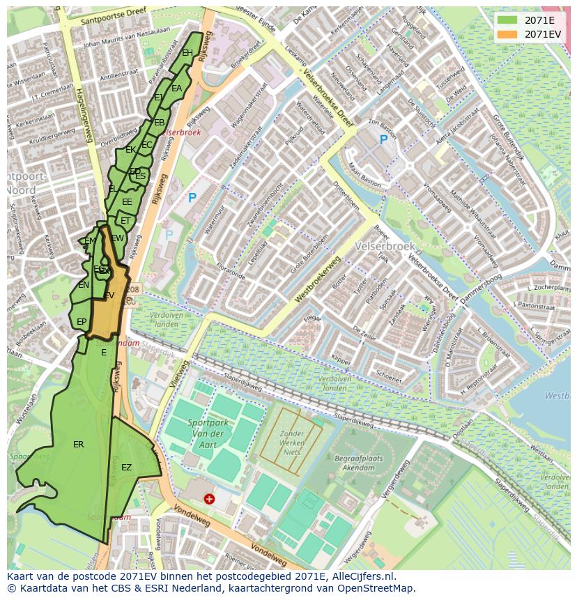 Afbeelding van het postcodegebied 2071 EV op de kaart.