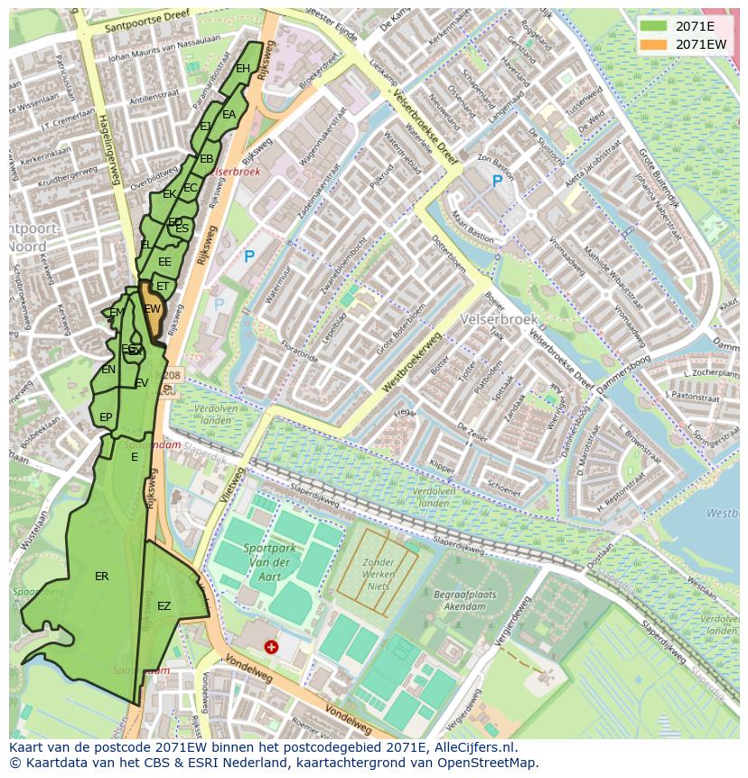 Afbeelding van het postcodegebied 2071 EW op de kaart.