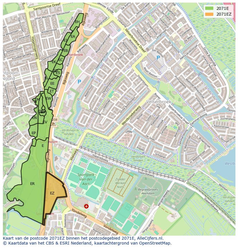 Afbeelding van het postcodegebied 2071 EZ op de kaart.