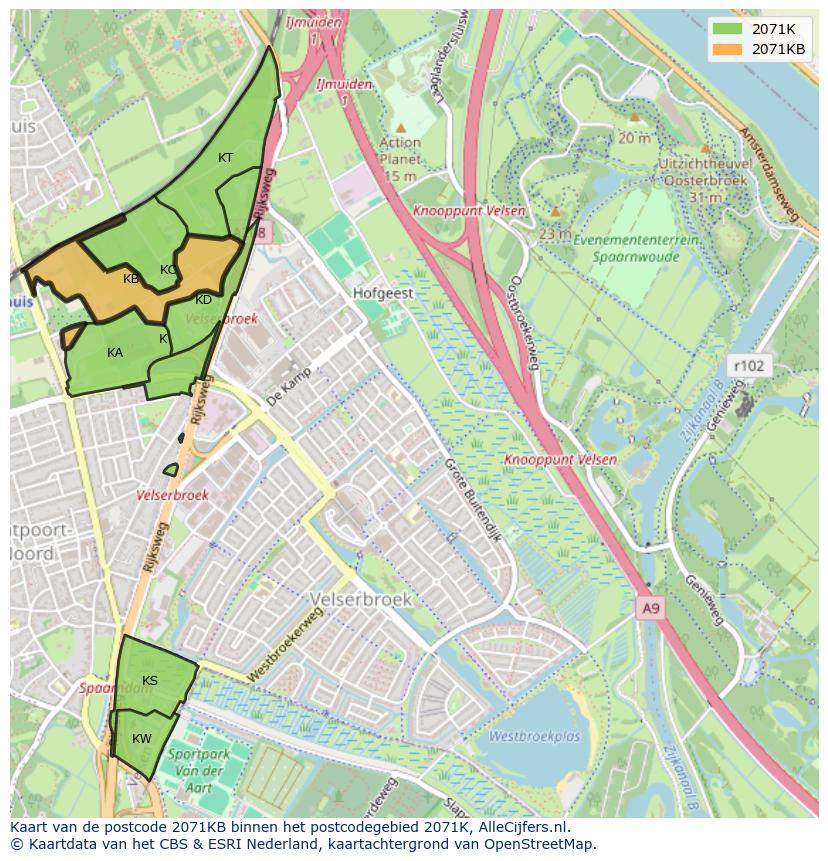 Afbeelding van het postcodegebied 2071 KB op de kaart.