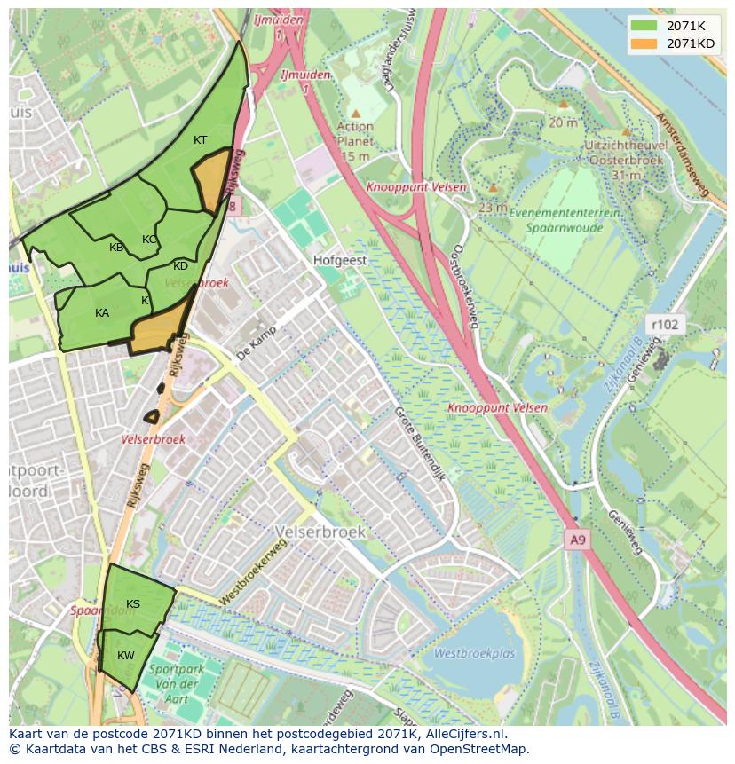 Afbeelding van het postcodegebied 2071 KD op de kaart.