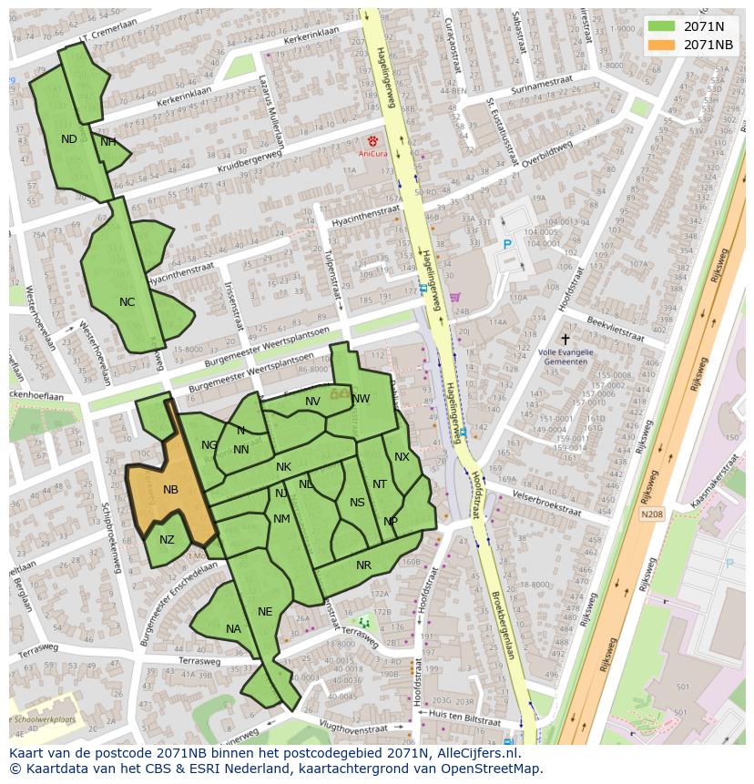 Afbeelding van het postcodegebied 2071 NB op de kaart.