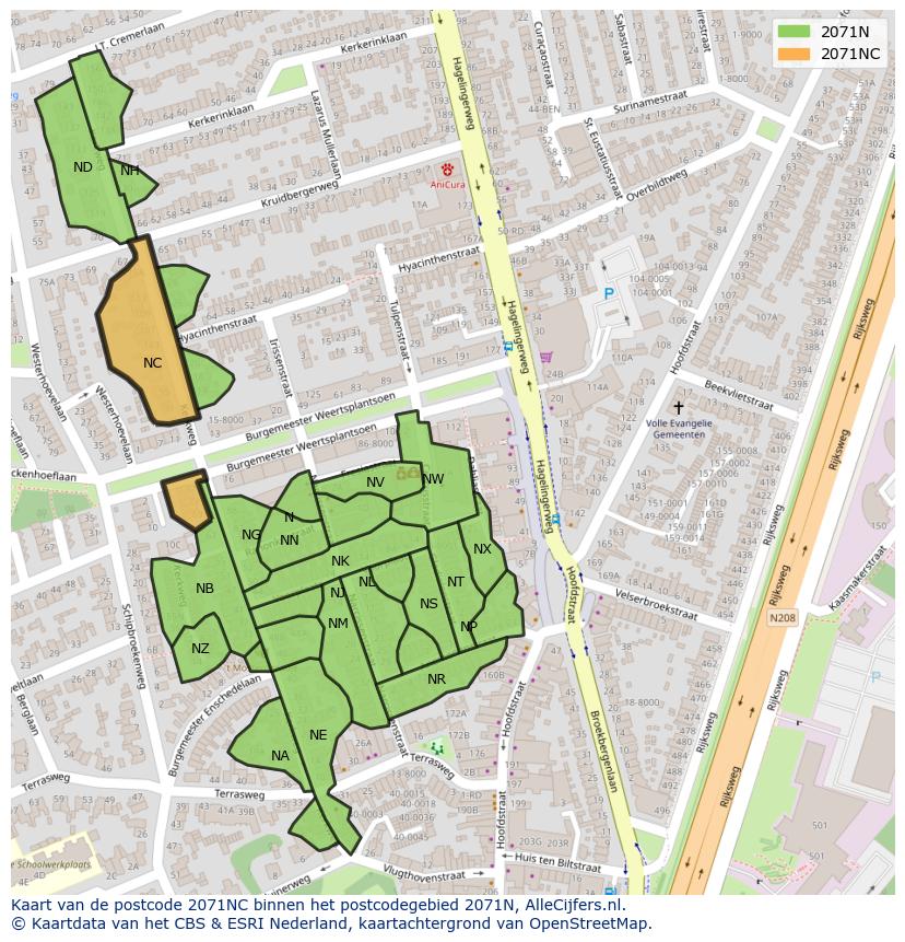 Afbeelding van het postcodegebied 2071 NC op de kaart.