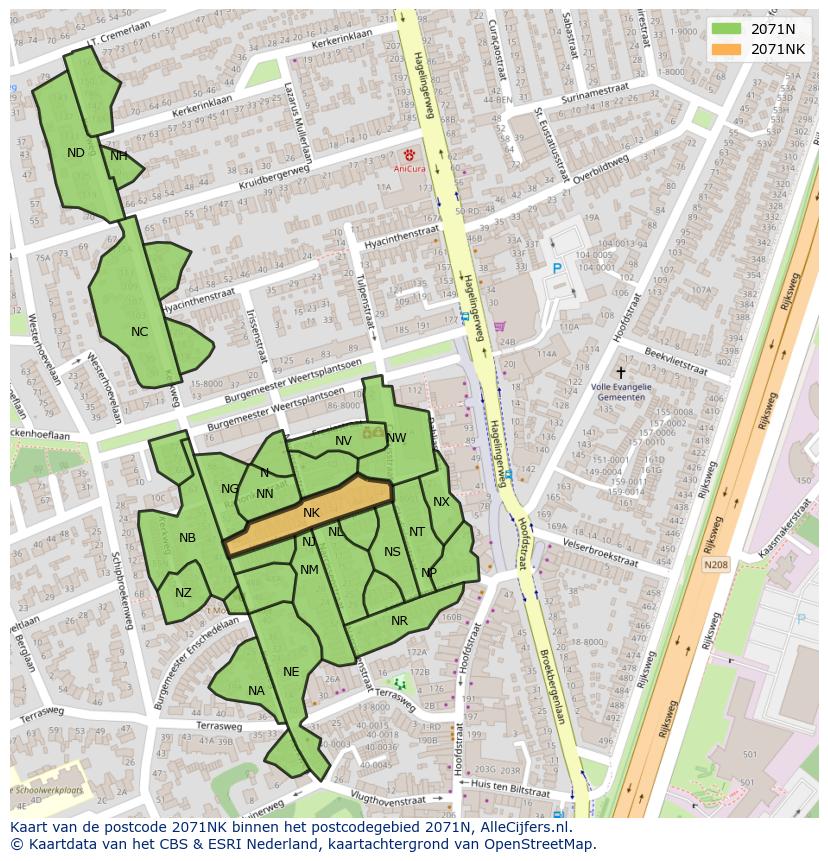 Afbeelding van het postcodegebied 2071 NK op de kaart.