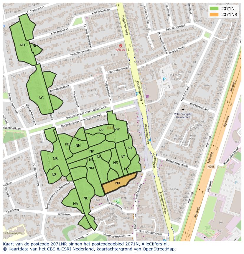 Afbeelding van het postcodegebied 2071 NR op de kaart.