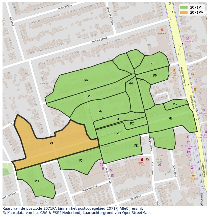Afbeelding van het postcodegebied 2071 PA op de kaart.