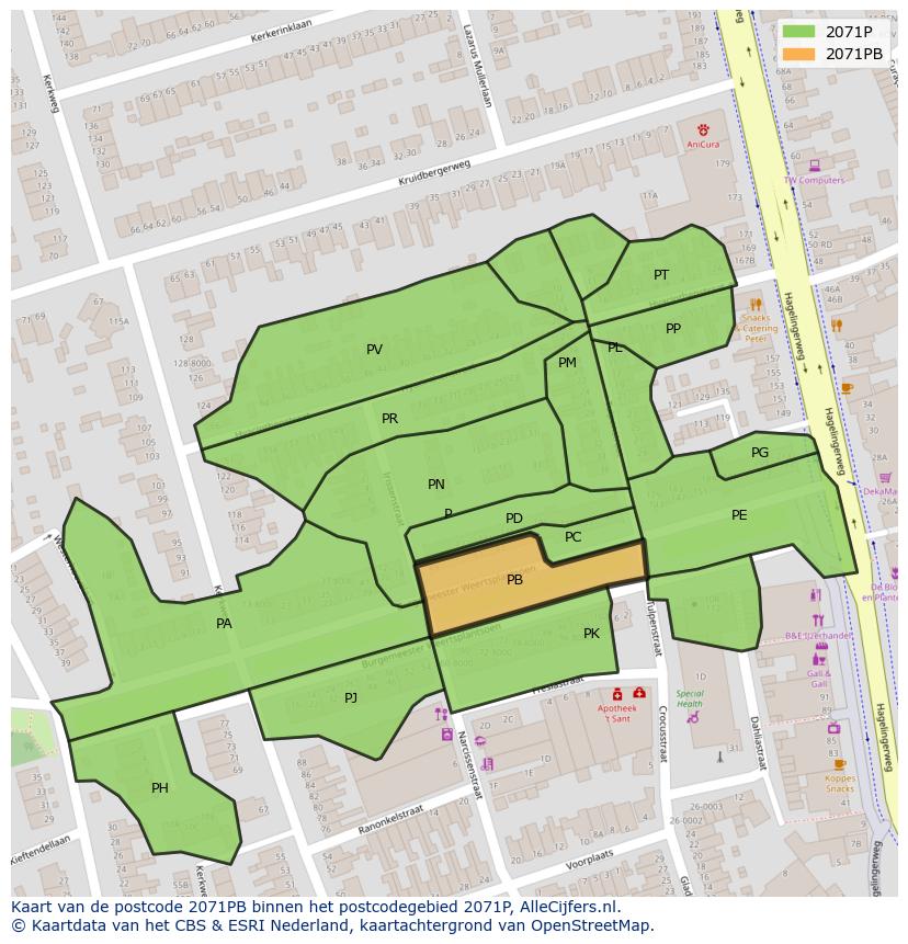 Afbeelding van het postcodegebied 2071 PB op de kaart.