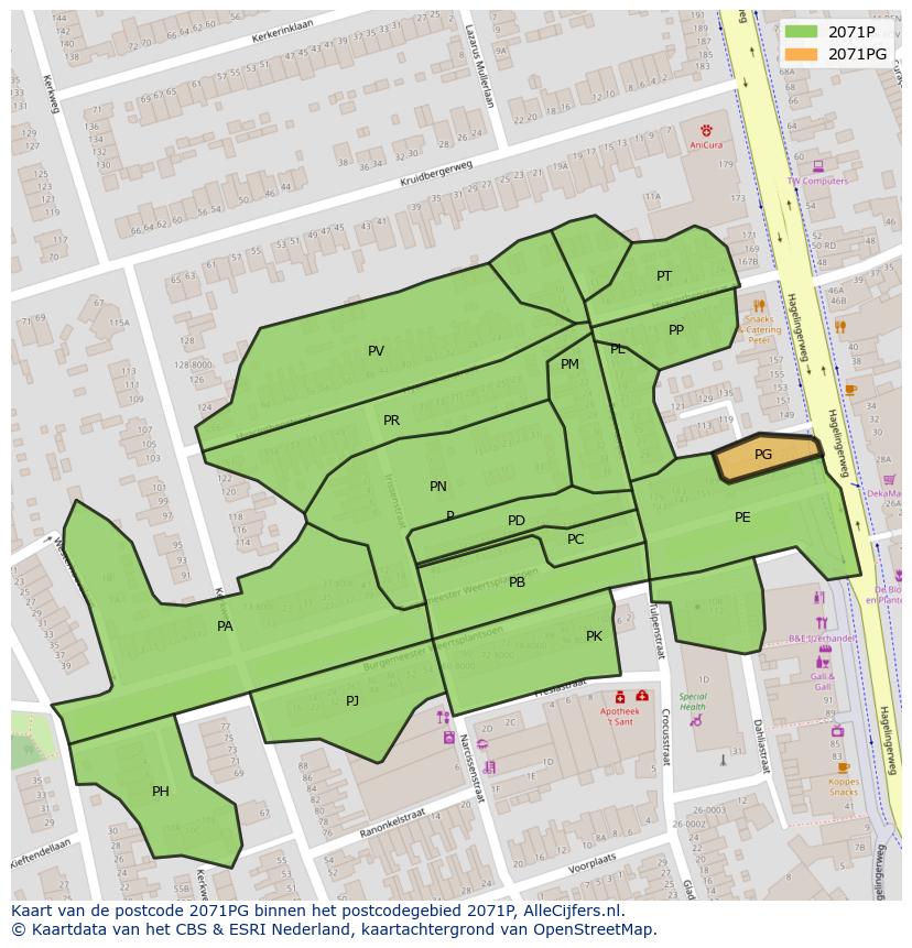 Afbeelding van het postcodegebied 2071 PG op de kaart.