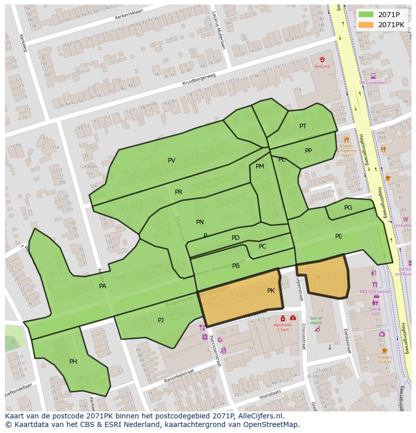 Afbeelding van het postcodegebied 2071 PK op de kaart.