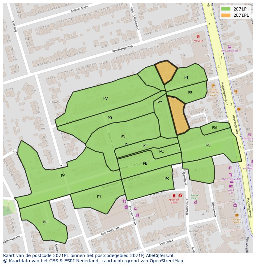 Afbeelding van het postcodegebied 2071 PL op de kaart.