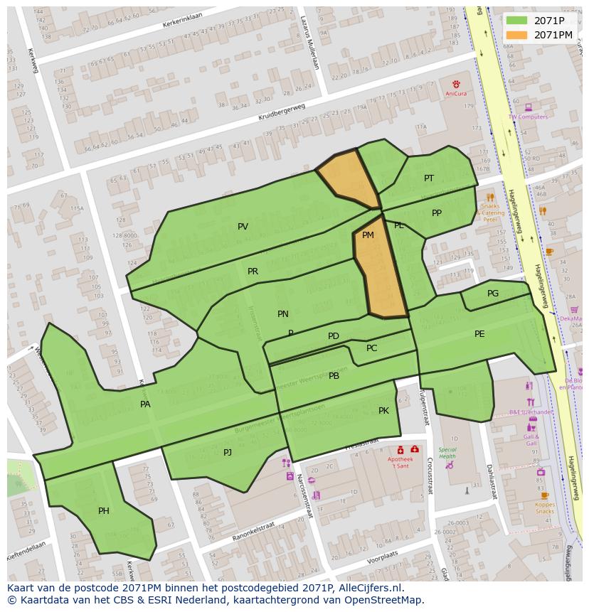 Afbeelding van het postcodegebied 2071 PM op de kaart.
