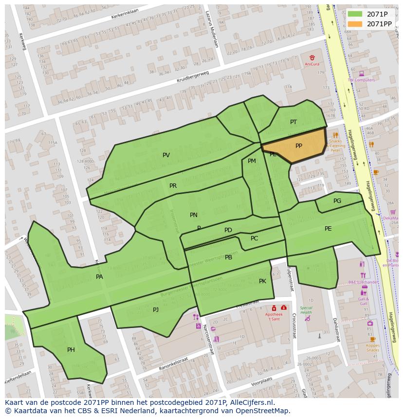 Afbeelding van het postcodegebied 2071 PP op de kaart.