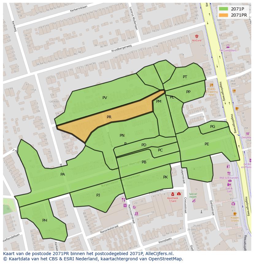 Afbeelding van het postcodegebied 2071 PR op de kaart.