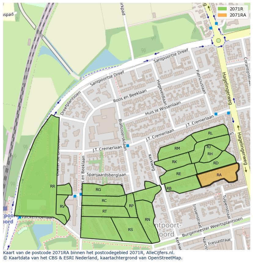 Afbeelding van het postcodegebied 2071 RA op de kaart.