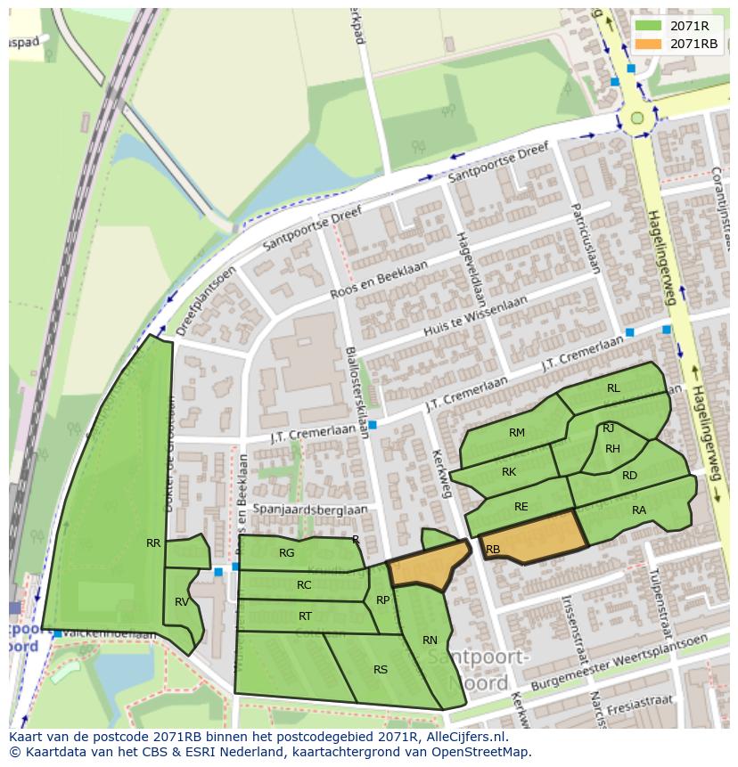 Afbeelding van het postcodegebied 2071 RB op de kaart.