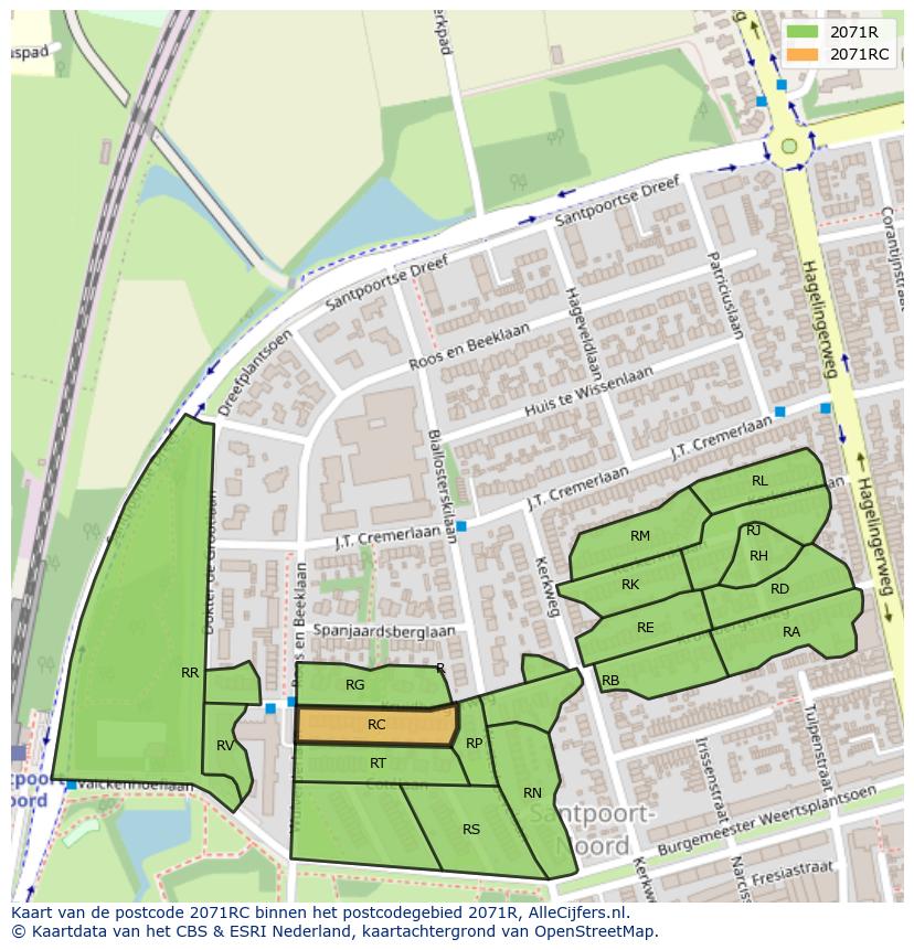 Afbeelding van het postcodegebied 2071 RC op de kaart.