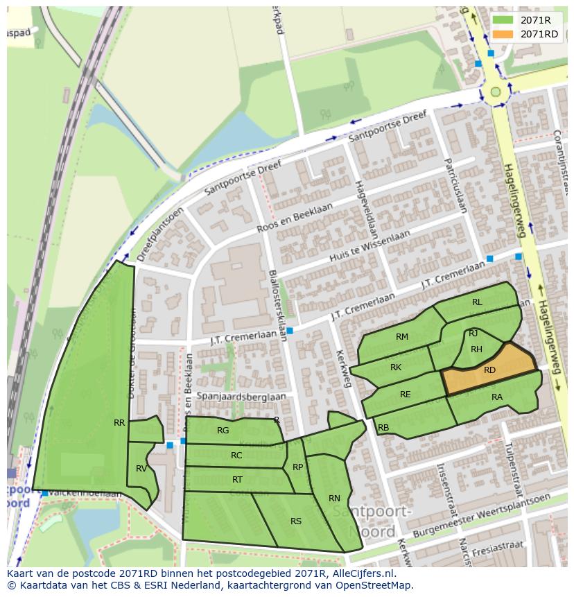 Afbeelding van het postcodegebied 2071 RD op de kaart.