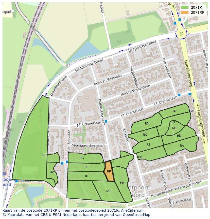 Afbeelding van het postcodegebied 2071 RP op de kaart.