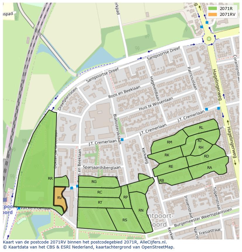 Afbeelding van het postcodegebied 2071 RV op de kaart.