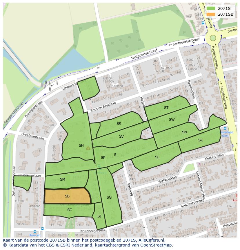 Afbeelding van het postcodegebied 2071 SB op de kaart.
