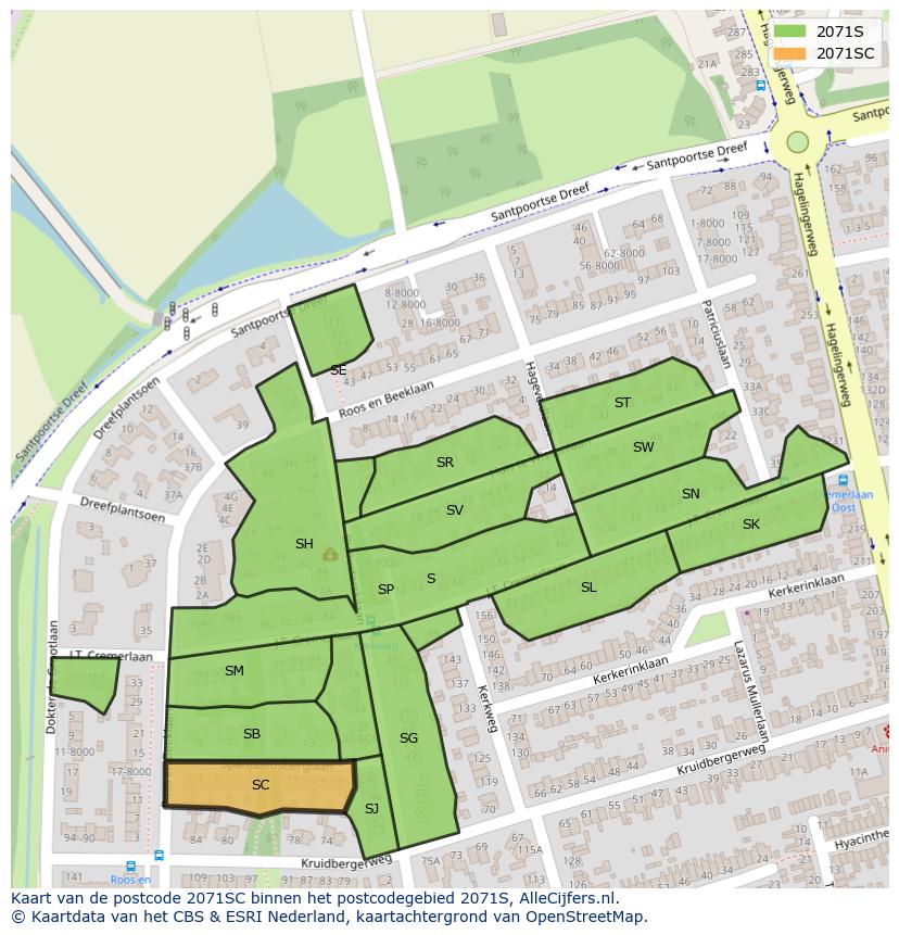 Afbeelding van het postcodegebied 2071 SC op de kaart.