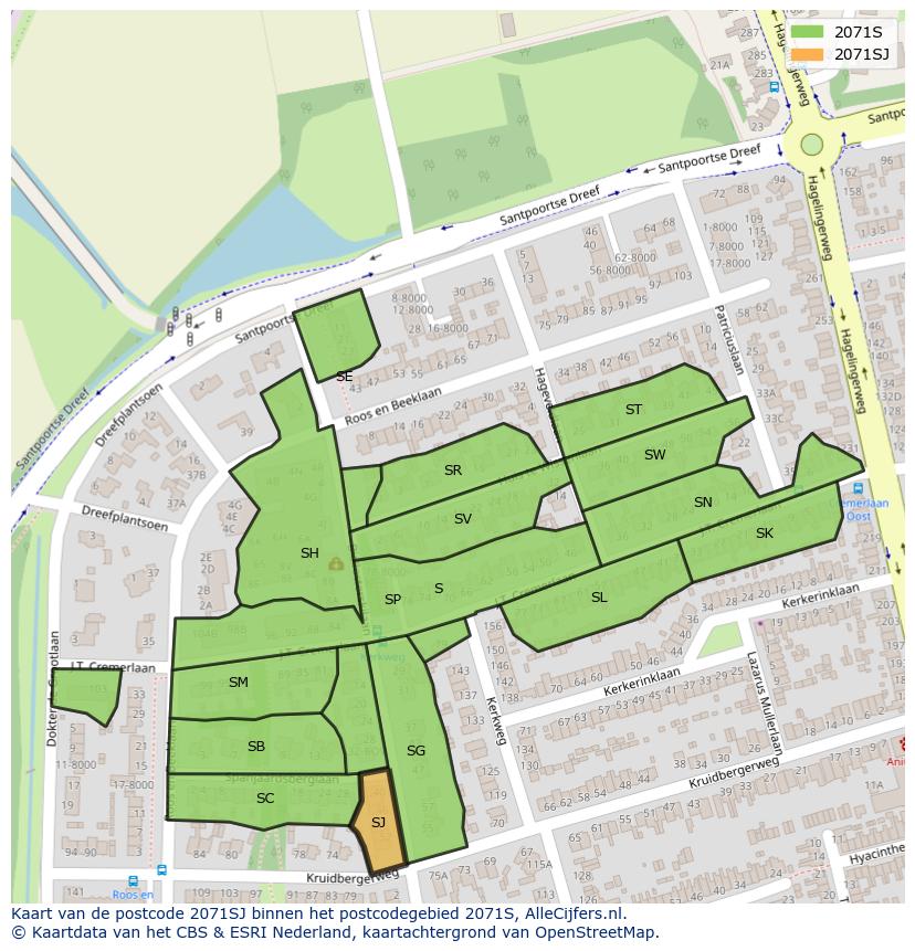 Afbeelding van het postcodegebied 2071 SJ op de kaart.