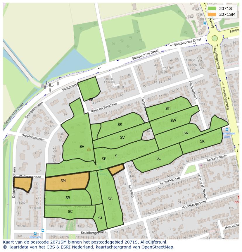 Afbeelding van het postcodegebied 2071 SM op de kaart.