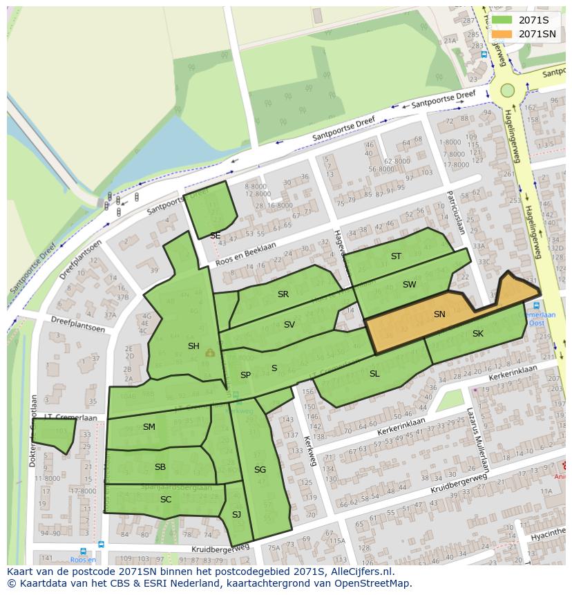 Afbeelding van het postcodegebied 2071 SN op de kaart.