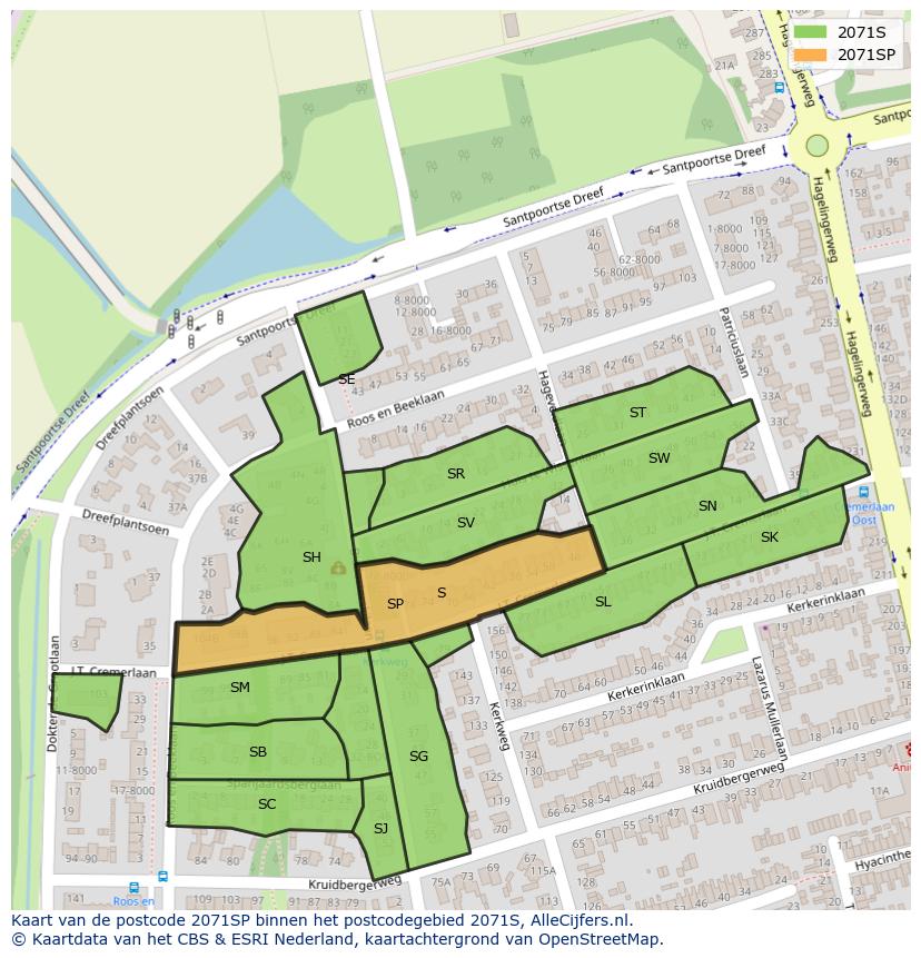 Afbeelding van het postcodegebied 2071 SP op de kaart.